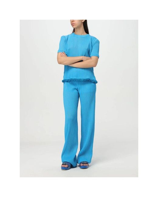 MSGM Blue Türkis Fransensaum Kurzarm Top