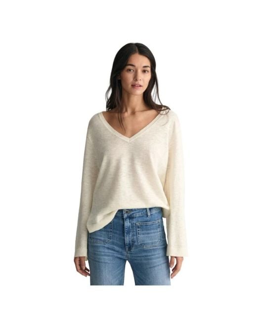 Gant V-Hals Linnenmix Casual Trui in het White