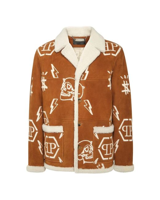 Philipp Plein Shearling Lange Jas Monogram in het Brown voor heren