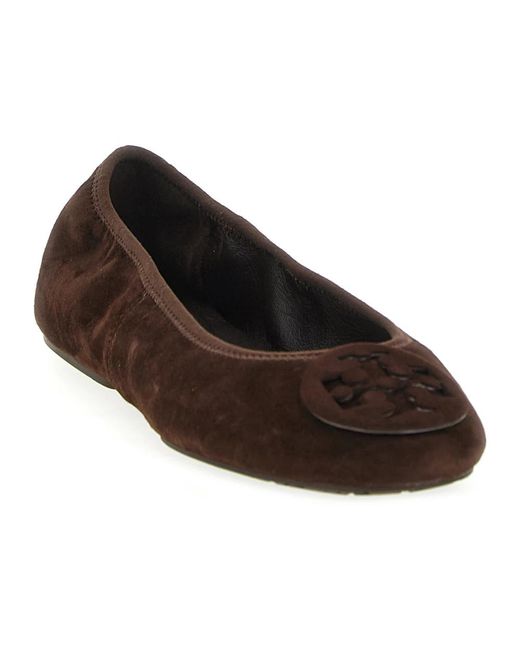 Tory Burch Minnie Travel Suede Ballet Flat in het Brown