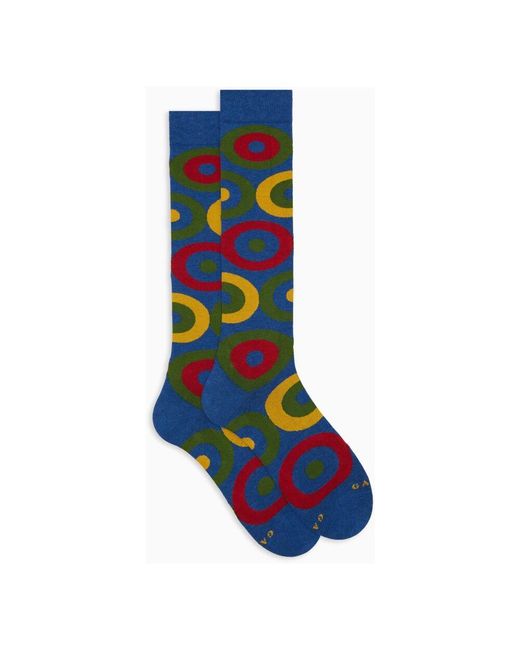 Gallo Blue Damen Lange Blaue Baumwollsocken Mit Konzentrischem Kreismuster