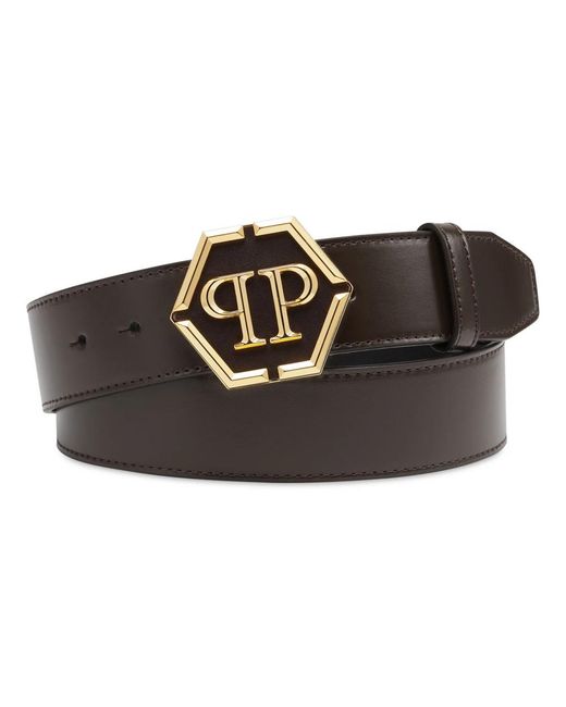 Philipp Plein Accessoires ,Bruin ,Leer Hexagon Riem in het Black voor heren