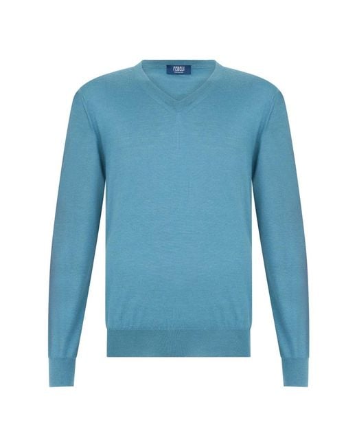 Fedeli Blue V-Neck Knitwear for men