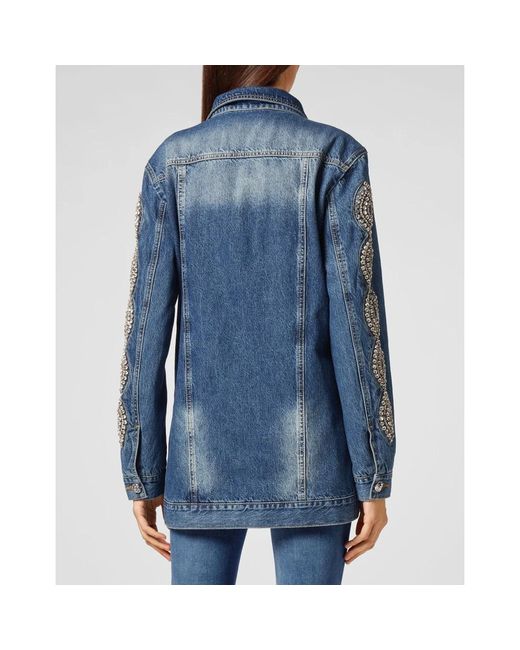 Philipp Plein Jassen ,Blauw ,Denim Denim Jacket Crystal Cable in het Blue