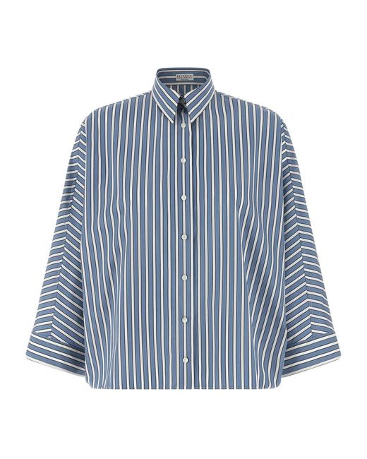 Brunello Cucinelli Overhemden ,Blauw ,Katoen Gestreepte Katoenpoplin Blouse in het Blue