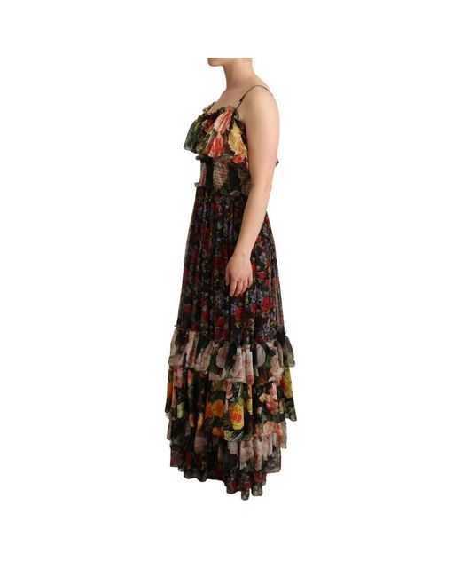 Dolce & Gabbana Brown Multicolor Floral Print Chiffon Tiered Dress Silk