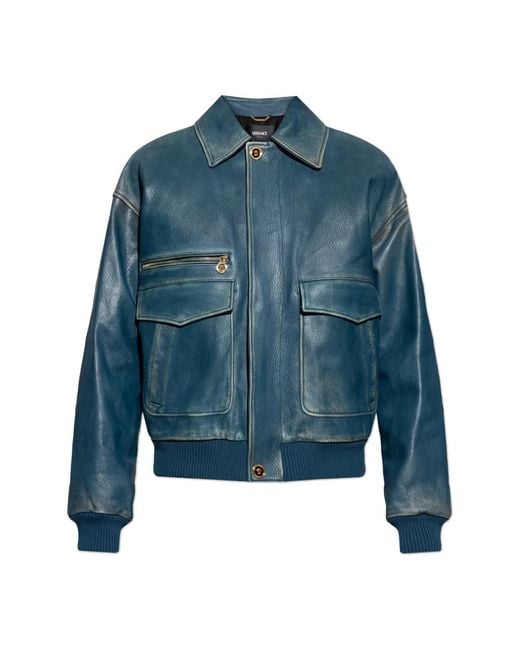 Versace Blue Leather Jackets for men