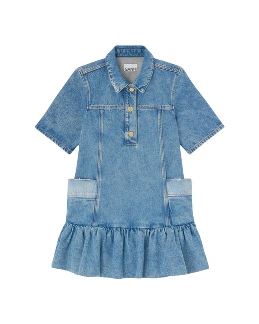 Ganni Patchwork Denim Peplum Mini Jurk in het Blue