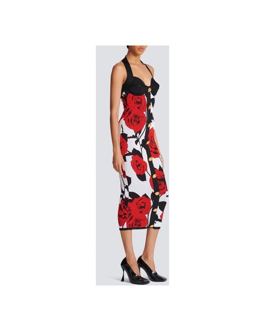Vestido de cuello halter en jacquard de rosas rojas Balmain de color Red