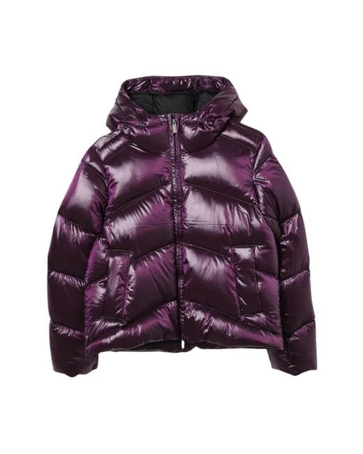 K-Way Purple Kapuzen-Pufferjacke Mit Glanz
