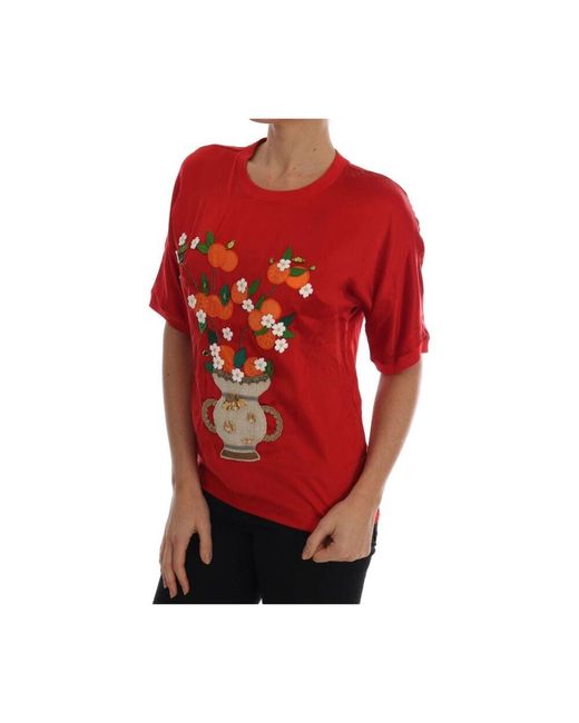Top in seta rossa con vaso arancione e cristalli di Dolce & Gabbana in Red