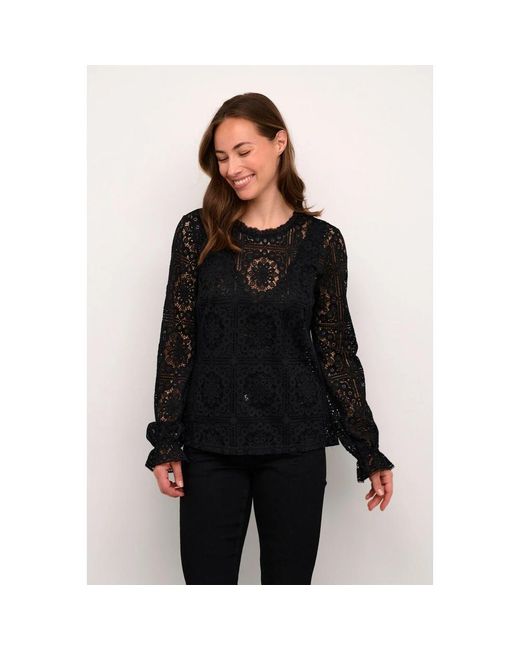 Cream Overhemden ,Zwart ,Zwarte Kanten Blouse Met Pofmouwen in het Black