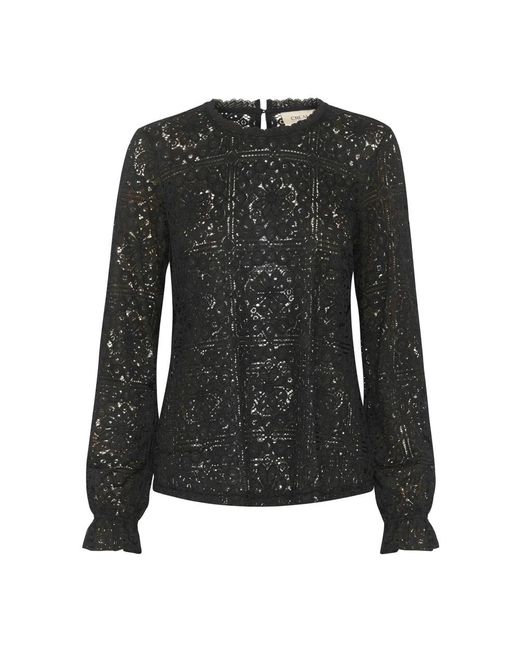 Cream Overhemden ,Zwart ,Zwarte Kanten Blouse Met Pofmouwen in het Black