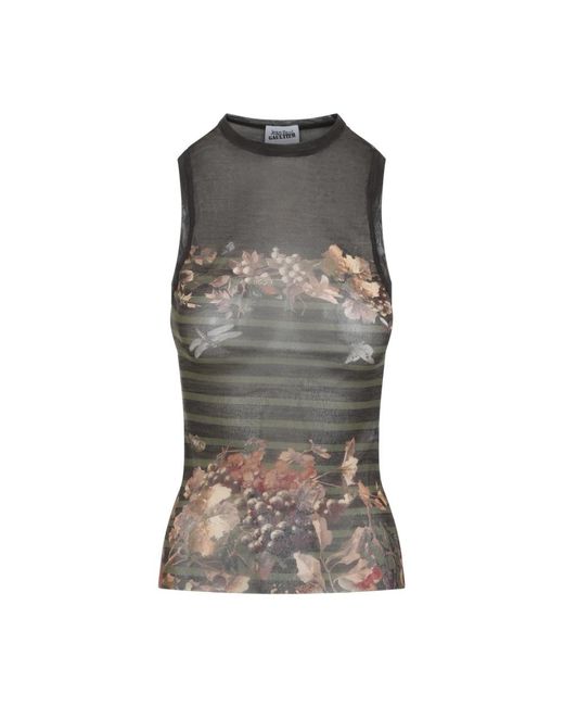 Jean Paul Gaultier Gray Floral-Print Stripe Top