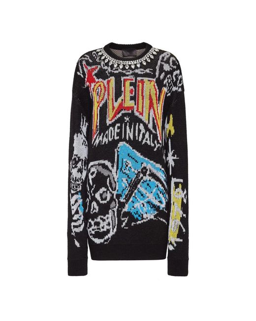 Philipp Plein Pullover Round Neck Ls Graffiti in het Black