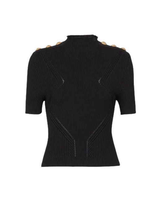 Balmain Zwarte Geribbelde Trui Met Iconische Knopen in het Black