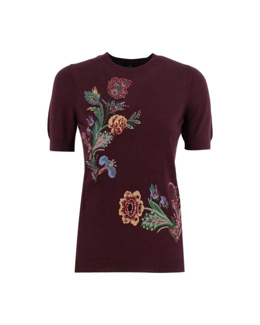 Etro Red Blumiges Jacquard Wollmischung Pullover