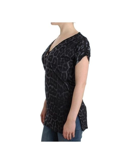 Roberto Cavalli Black Gray leopard v-neck top