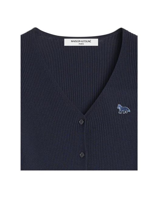 Maison Kitsuné Truien & Vesten ,Blauw ,Katoen Baby Fox Patch Ribgebreid Vest in het Blue