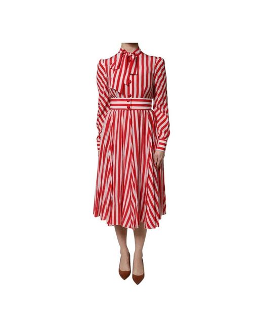 Dolce & Gabbana Red Gestreiftes Seiden-Midi-Kleid Mit Langen Ärmeln