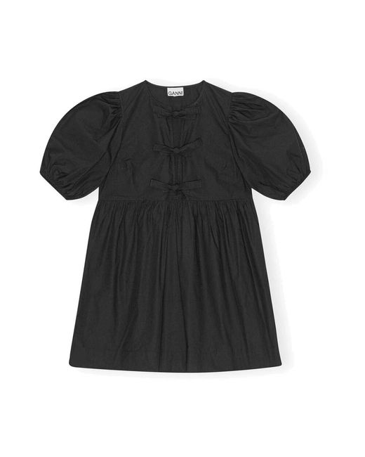 Ganni Black Schwarzes baumwoll-popeline minikleid mit bindebändern