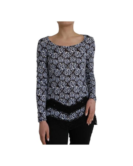 Just Cavalli Overhemden ,Blauw ,Blauwe Bloemen Kant Lange Mouw Top in het Black