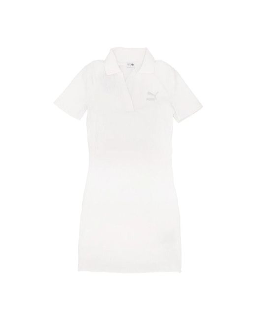 PUMA Kleedjes ,Wit ,Katoen Rib V-Hals Jurk Korte Mouw in het White