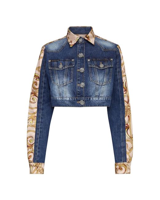 Philipp Plein Jassen ,Blauw ,Denim Denim Cropped Jacket New Baroque in het Blue