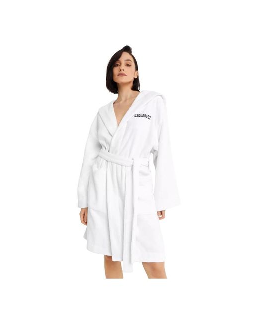 DSquared² Nachtkleding ,Wit ,Katoen Badjas Met Capuchon En Logo in het White