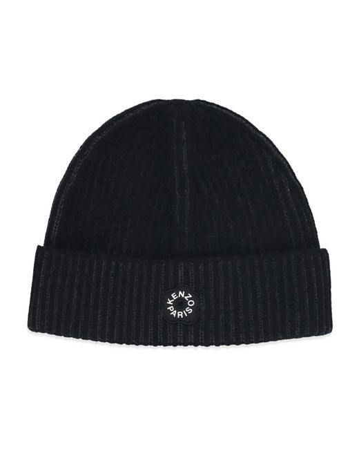 KENZO Schwarze Wollmütze Mit Blumenpatch in Black für Herren