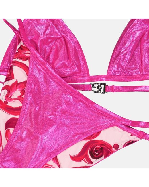 Dolce & Gabbana Pink Metallischer triangel-bikini mit majolika-futter