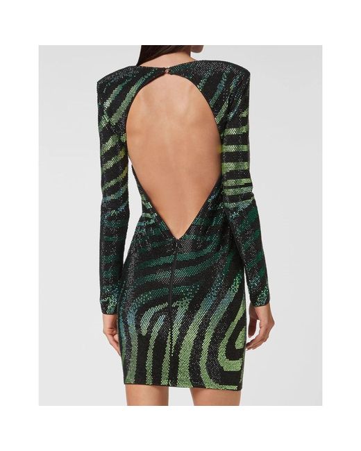 Philipp Plein Kleedjes ,Groen ,Polyester Mini Dress Ls With Crystals in het Green