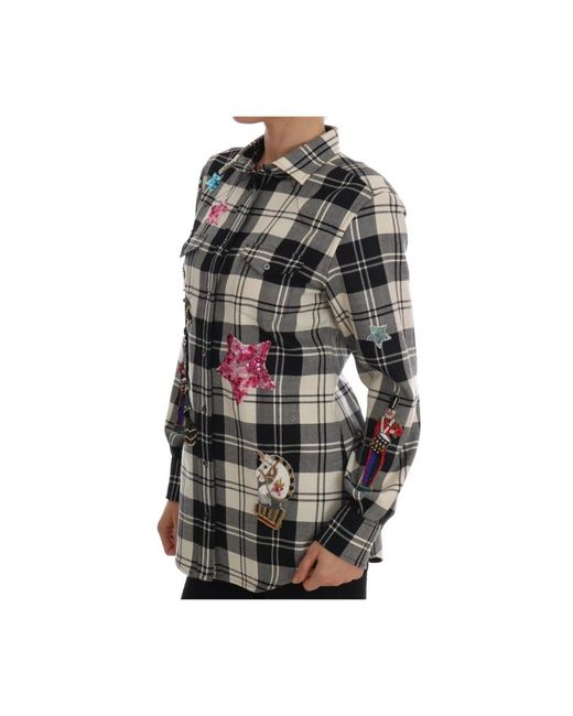 Dolce & Gabbana Gray Black White Fairy Tale Crystal Shirt Blouse