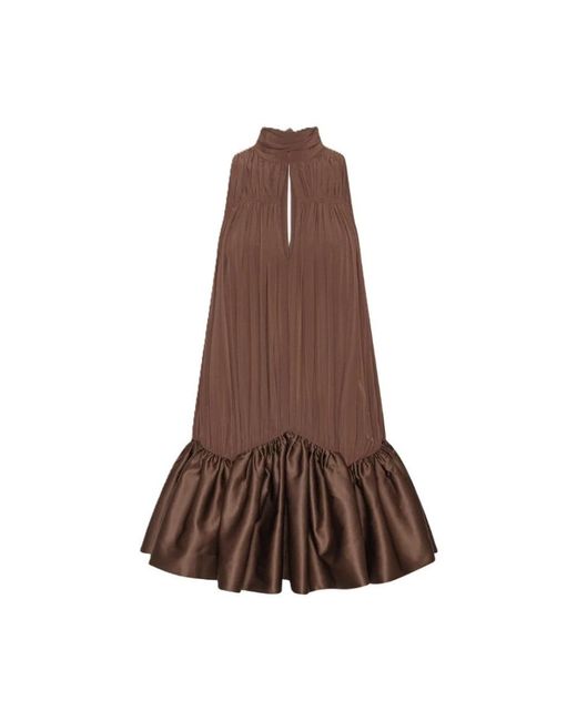 ROTATE BIRGER CHRISTENSEN Brown Gathered Sleeveless Mini Dress With Ruffled Hem And Tied Bow