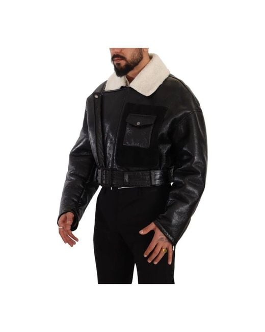 Giacca biker in pelle shearling nera di Dolce & Gabbana in Black da Uomo