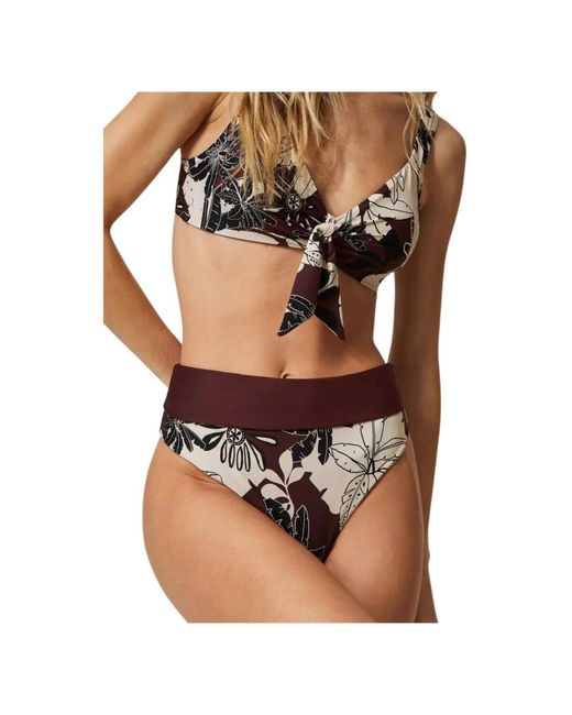 Twin Set Brown Reversible high-waisted floral bikini set