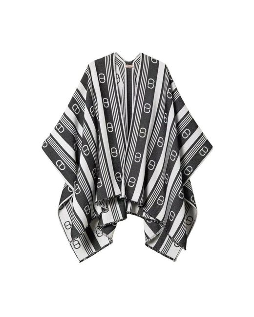Twinset Jassen ,Grijs ,Wol Gestreepte Jacquard Wollen Poncho in het Black
