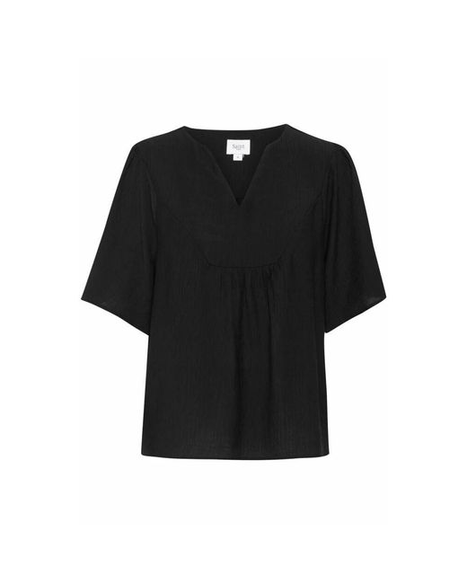 Saint Tropez Black Schwarze Kammisz Bluse Mit V-Ausschnitt