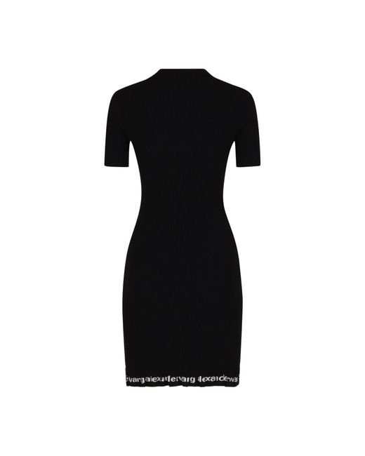 Alexander Wang Kleedjes ,Zwart ,Leer Geribbelde Jurk Met Korte Mouwen in het Black