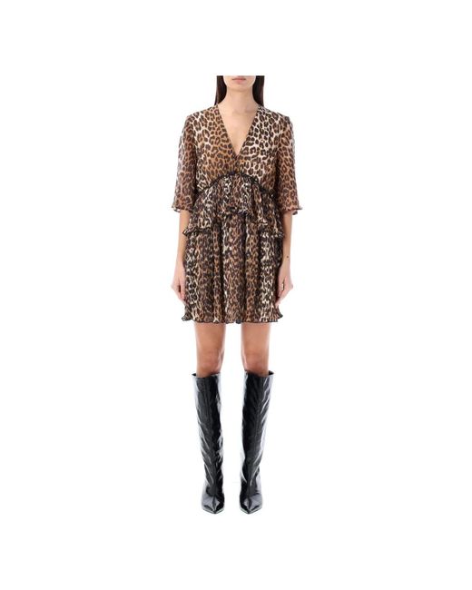 Vestido mini flouce de leopardo Ganni de color Brown