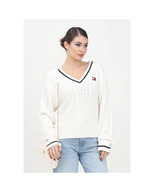 Tommy Hilfiger White Cremefarbener strickpullover mit v-ausschnitt