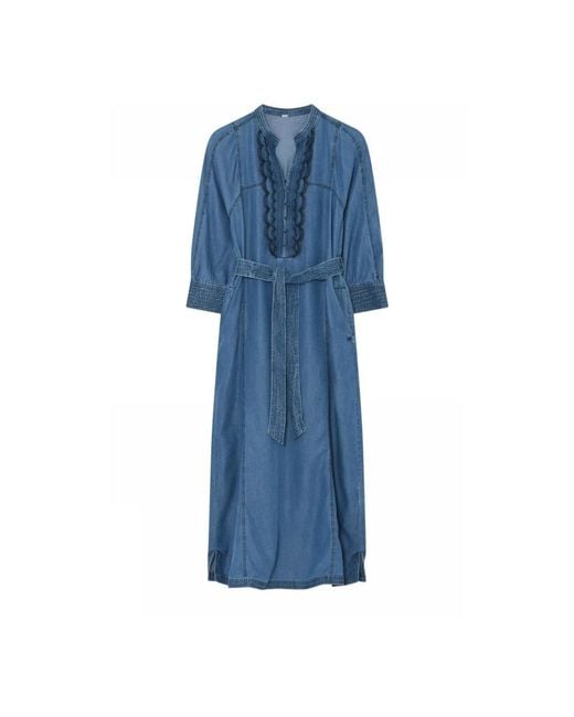 GUSTAV Blue Denim Lange Kleid Mit Bestickten Details