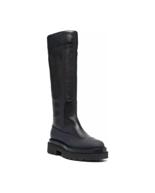 Santoni Black Ribbed Leather Knee-High Boots