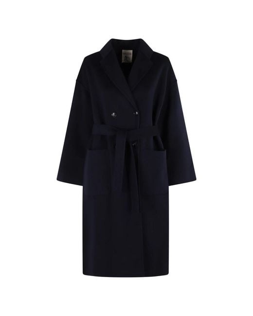Semicouture Black Blauer Wollmantel Alice Mit Gürtel