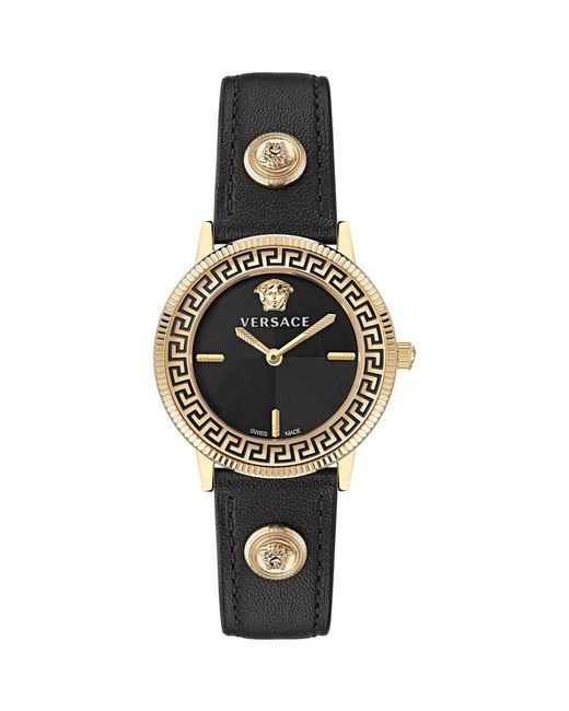 Logo halo orologio in pelle nero di Versace in Metallic