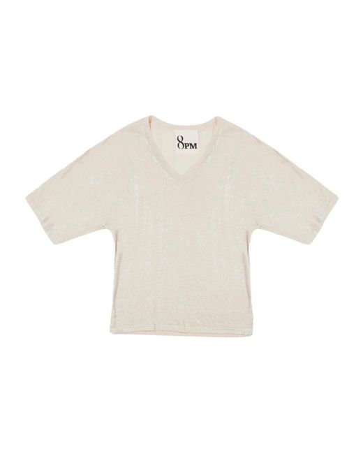 T-shirt in lino metallizzato con scollo a v di 8pm in White