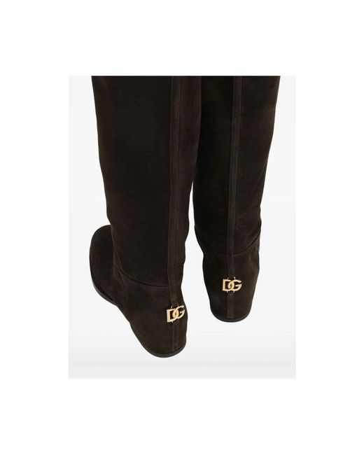 Dolce & Gabbana Black Leather Ribbed Knit Knee Boots Shoes
