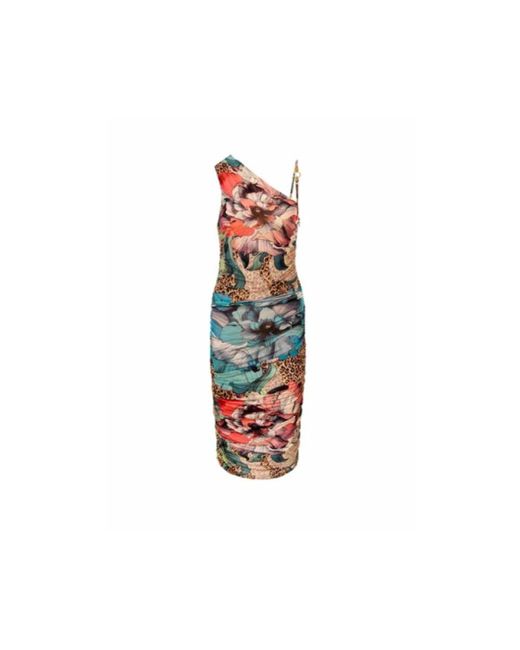 Just Cavalli Blue Blumiges Animal-Print Midi-Kleid
