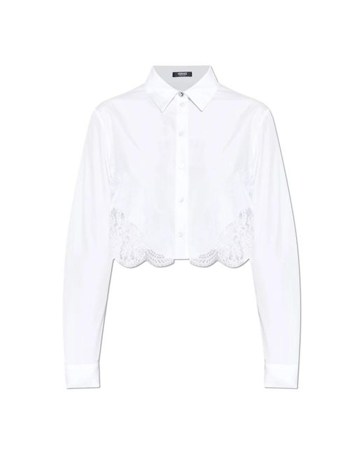 Versace Overhemden ,Wit ,Katoen Lace-Trim Katoen-Poplin Overhemd in het White