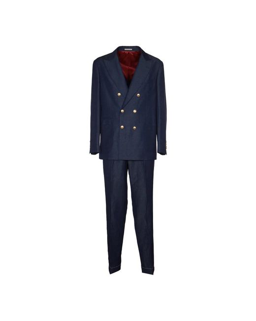 Brunello Cucinelli Blue Double Breasted Suits for men